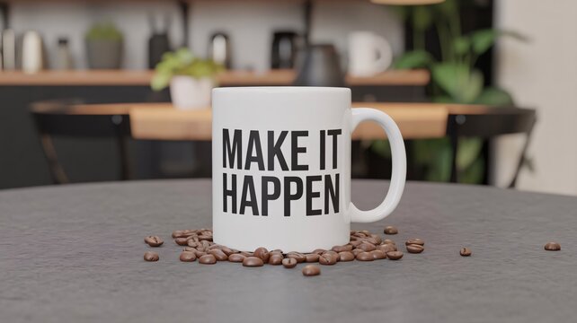 A white ceramic mug with 'make it happen' text surrounded by coffee beans on a gray table in a modern kitchen with inspiration and motivation and phrase and beverage