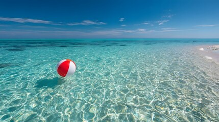Obraz premium Beach ball floating in crystal clear turquoise water under a bright blue sky.