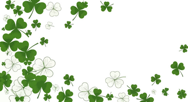 Green and outline shamrock clover leaves scattered on white background for St. Patrick's Day
