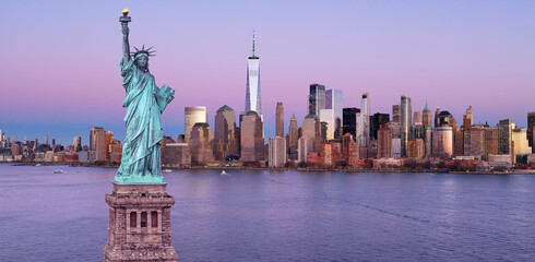 Manhattan panorama with towers and Liberty Statue. Freedom in USA. NYC skyscrapers with Statue of Liberty. New York Liberty Statue. © Volodymyr