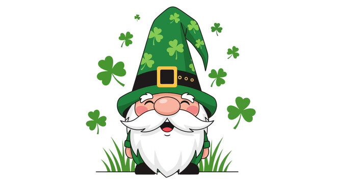 Happy St. Patrick's Day Gnome Surrounded by Lucky Clover Shamrocks in Spring Grass