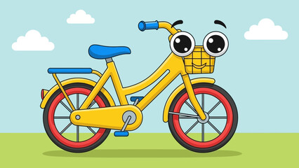 Fototapeta premium Happy Cartoon Bicycle Character with Big Eyes and Basket, Outdoor Scene