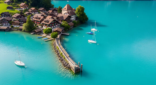 Overhead drone photo of Iseltwald village on Lake Brienz peninsula and jetty
