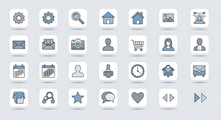 Collection of various web and app icons for business and communication on light gray background