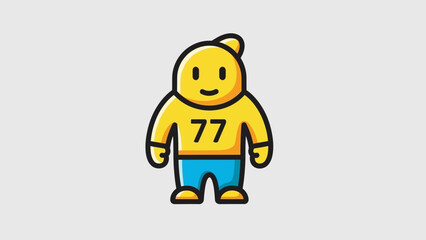 Fototapeta premium Happy Yellow Character Wearing Blue Pants and Yellow Hoodie with Number 77
