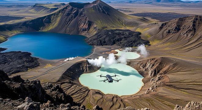 Bird's eye view of Askja caldera lake &Ouml;skjuvatn and Viti crater geothermal