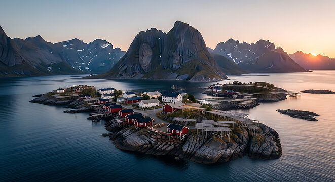 Drone shot of Lofoten Islands fishing villages red cabins and dramatic peaks midnight sun