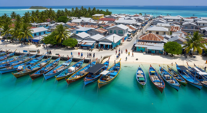 Bird's eye view of Maldivian local island harbor colorful fishing boats and houses