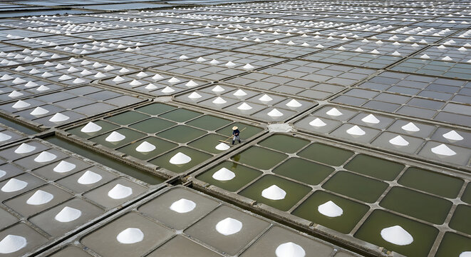 Overhead drone photo of salt marshes of Gu&eacute;rande salt pyramids and workers Atlantics