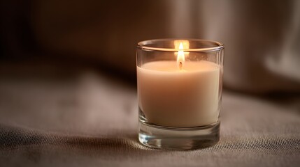 Close-up of a lit candle in a glass, creating a warm and inviting ambiance.