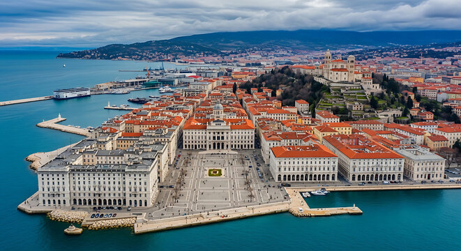 Drone view of Trieste Habsburg architecture Piazza Unit&agrave; and Gulf of Trieste Italy