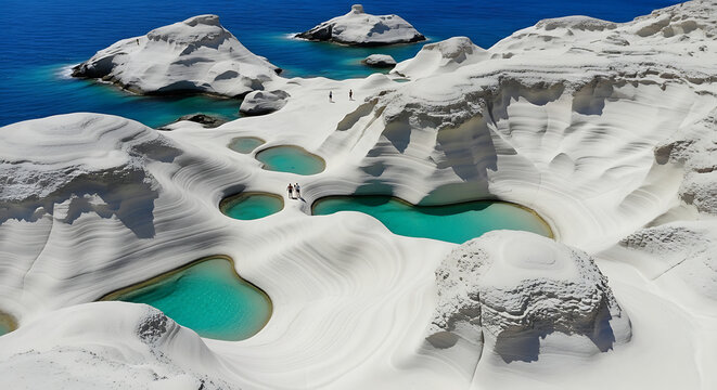 Bird's eye view of Milos island Sarakiniko beach lunar landscape and white rocks