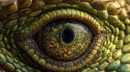 Close-up of a Reptilian Eye - Detailed View of a Green and Yellow Eye with Scales.