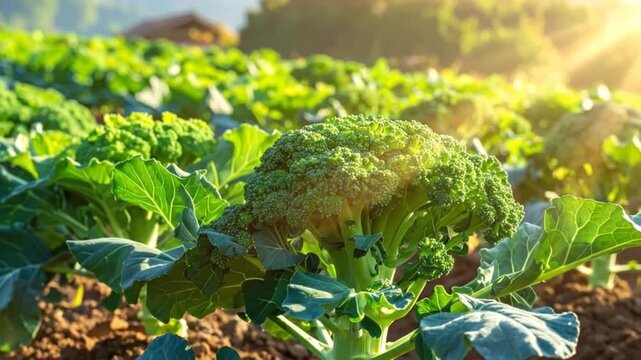 Rows of vibrant green broccoli plants growing in a field under sunlight.