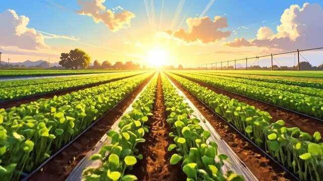 Lush green crops grow in neat rows under a bright, sunny sky.