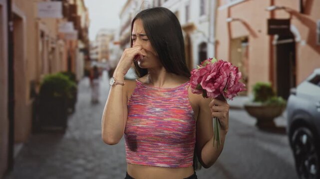 Woman pinches nose holding pink bouquet on narrow european street with parked car and planters; disgust smell reaction.