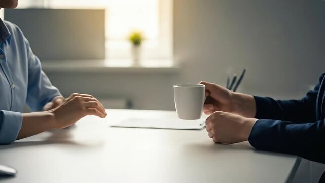 Hands passing coffee cup indoors daytime business meeting concept