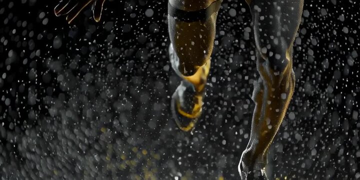 Dynamic sprinter running on track with glistening sweat and sparkling muscles for endurance and peak performance concept
