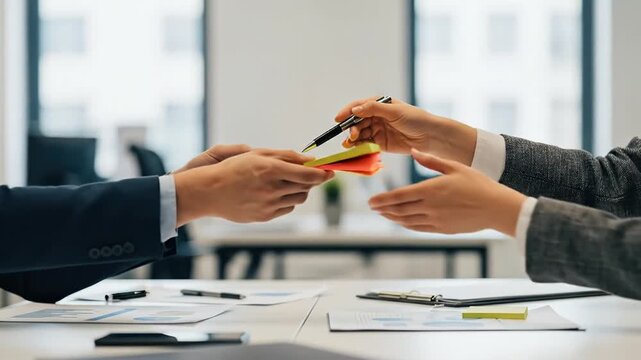 Hands exchanging office supplies and documents on a desk