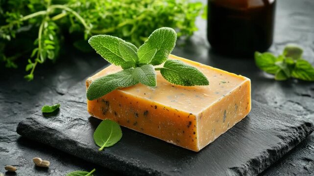 selective focus natural handmade soap packaging mockup with herbs