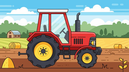 Obraz premium Red Tractor in a Rural Field with Hay Bales and Farmhouse