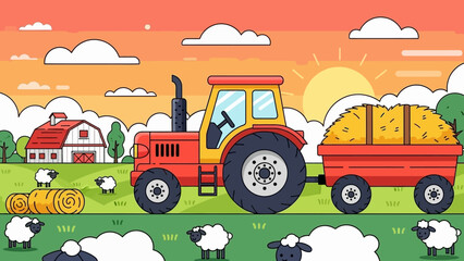 Red tractor with hay trailer, farm fields, sheep and barn at sunset, cartoon style.
