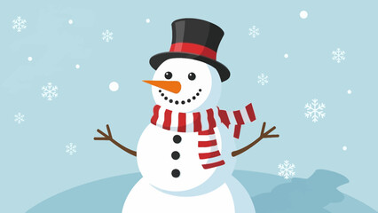 Fototapeta premium Smiling Snowman with Top Hat and Scarf, Winter Snowfall Illustration