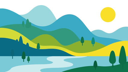 Obraz premium Vibrant Abstract Landscape with Rolling Hills, River, and Sun