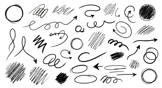 A collection of hand-drawn scribbles, circles, and arrows in black ink on a white background.