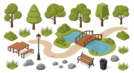 Isometric park elements including trees, benches, a bridge over a pond, picnic tables, and a lamppost. © Joniss