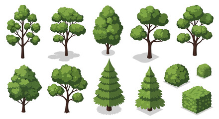 A collection of various isometric trees and bushes, including deciduous and coniferous varieties, presented in a clean, vector art style. © Joniss