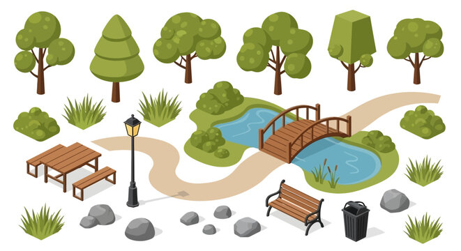 Isometric park elements including trees, benches, a bridge over a pond, picnic tables, and a lamppost.