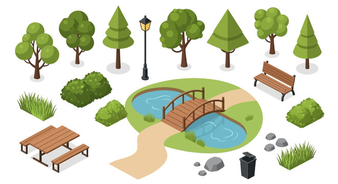 Isometric illustration of park elements including trees, benches, a pond with a bridge, picnic table, lamp post, and trash can.