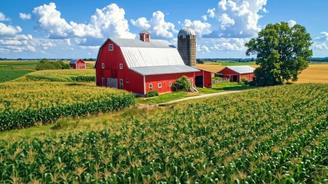 Aerial view of a vibrant red barn surrounded by lush cornfields under a sunny sky.