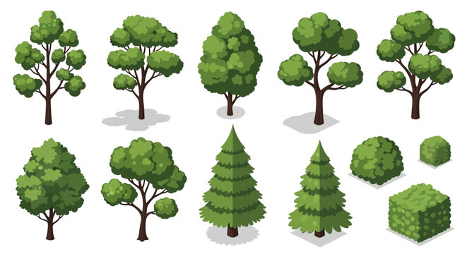 A collection of various isometric trees and bushes, including deciduous and coniferous varieties, presented in a clean, vector art style.