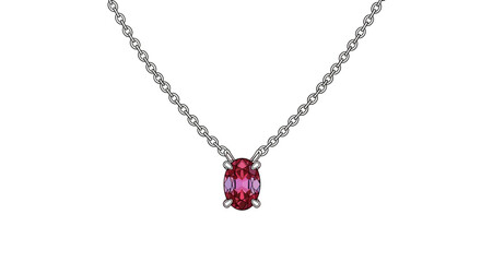 Oval Ruby Red Gemstone Pendant on Silver Chain, in bright studio.