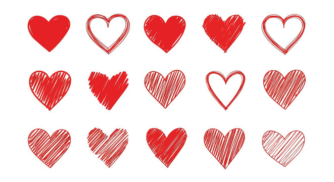 Collection of fifteen unique red hand drawn sketchy heart icons for design