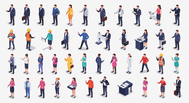 A comprehensive collection of isometric illustrations depicting diverse professionals in various business and industrial settings.