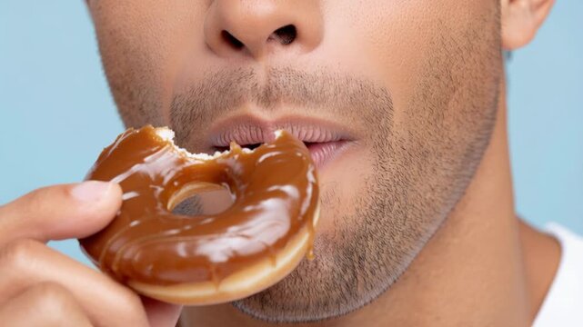 Close-up shot of a handsome man smiling while taking a big bite of a sweet caramel glazed donut.