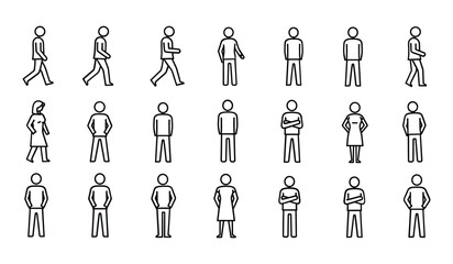 Black Line Drawings Various Human Figures Standing Walking Posing Different Postures Silhouettes