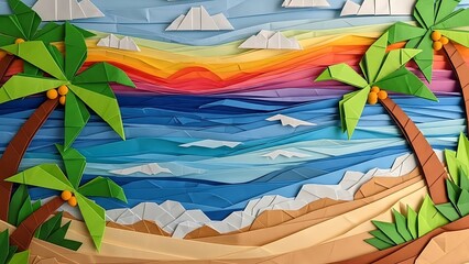 Colorful origami artwork of a beach with palm trees and ocean at sunset