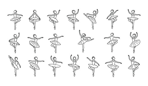 Black And White Line Drawing Series of Ballet Dancers in Various Graceful Poses
