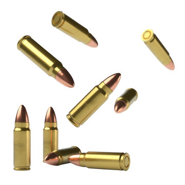 Group of golden bullets in flight flying ammunition isolated on a transparent background