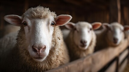Close-up of sheep looking directly at the camera in a barn setting, focused.