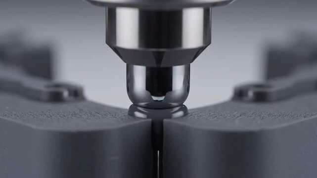 A metallic probe precisely dispenses and retracts a viscous liquid onto a textured surface in a controlled setting.