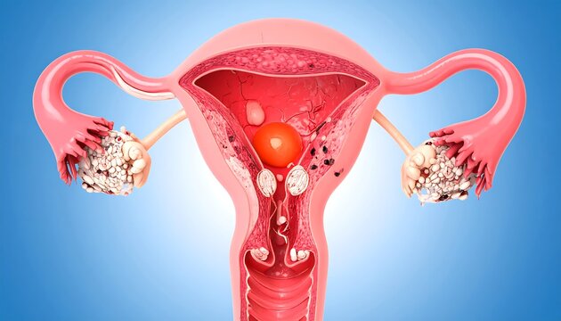 Anatomical illustration of the female reproductive system with uterine fibroids and ovarian cysts.
