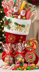 Naklejka premium Christmas Candy Arrangement in Decorative Stocking with Santa Claus Figures