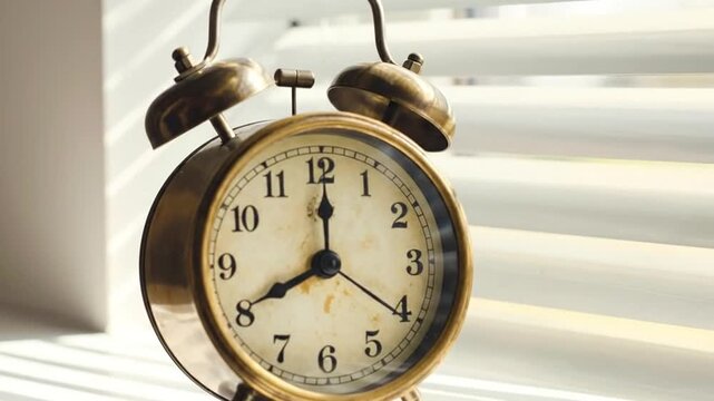 Vintage brass alarm clock showing eight o'clock on a windowsill with blinds.