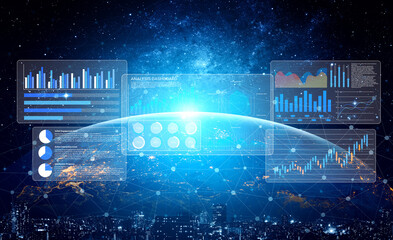 Fototapeta premium Captivating depiction of futuristic data visualization with graphs on a cosmic background. This image illustrates the interplay between technology and analysis. Gantry