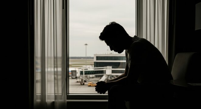 Silhouette of a contemplative man sitting by an airport window with terminal view in the background